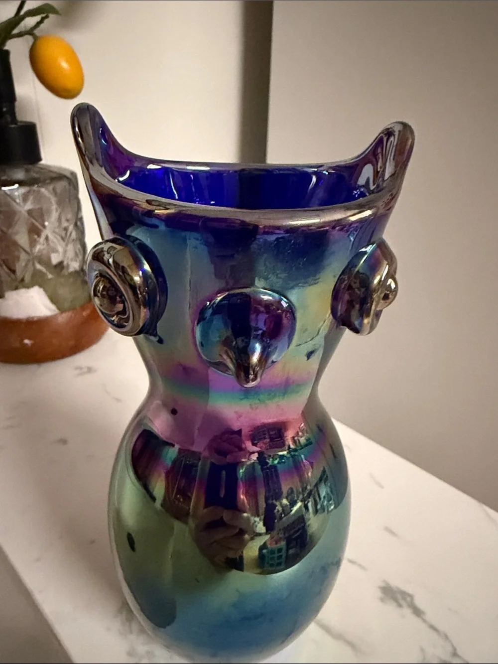 Vintage 1972 Signed Gibson Art Glass Cobalt Blue Carnival Glass Owl Vase
